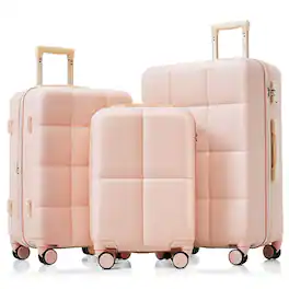 Ecooso - 3-Piece Airline-Approved Luggage Set with Cup Holder, ABS Hardshell Spinner Suitcases, 20/24/28 Inch - Pink