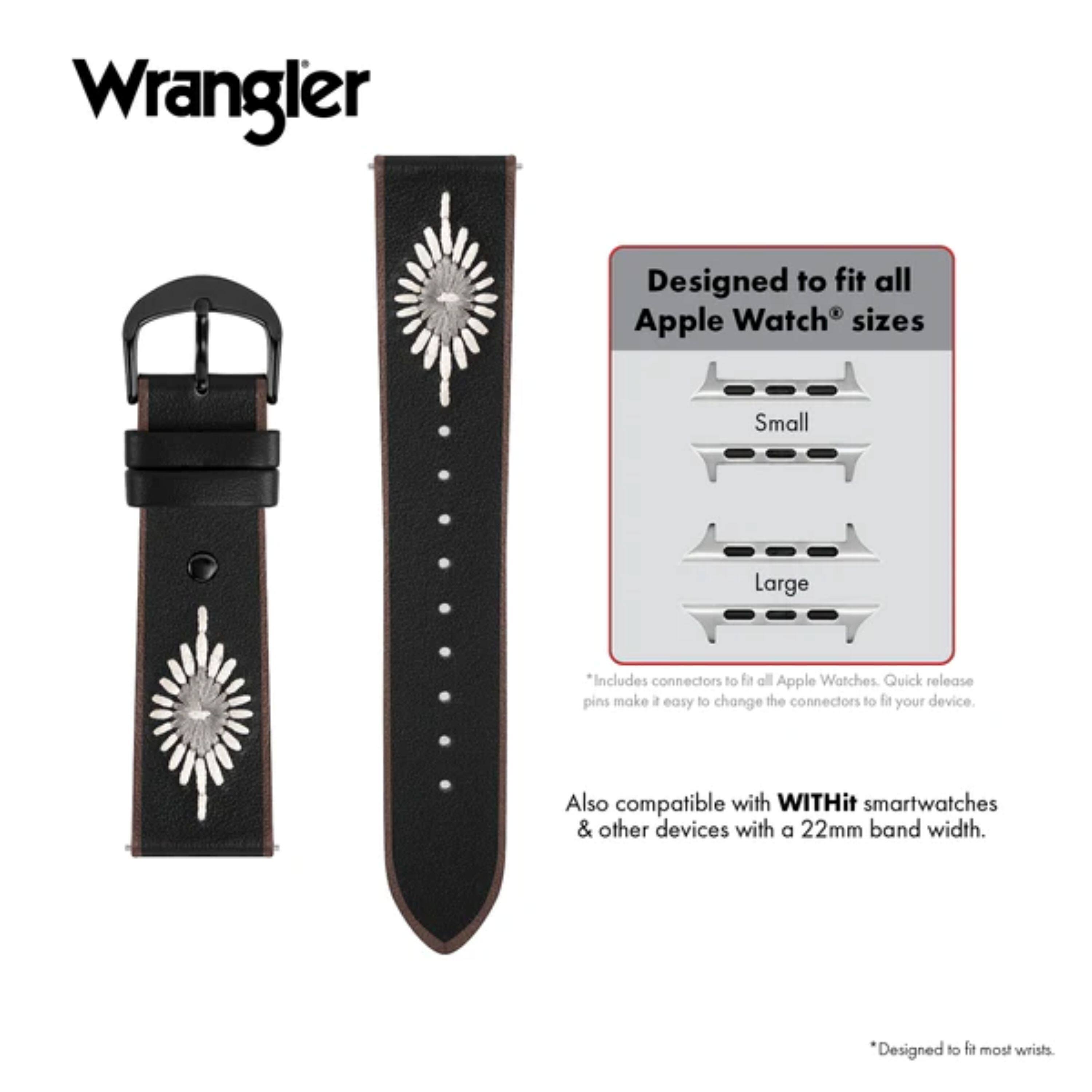 Wrangler

Designed to fit all Apple Watch® sizes  
Small  
Large  

*Includes connectors to fit all Apple Watches. Quick release pins make it easy to change the connectors to fit your device.  

Also compatible with WITHit smartwatches & other devices with a 22mm band width.  

*Designed to fit most wrists.