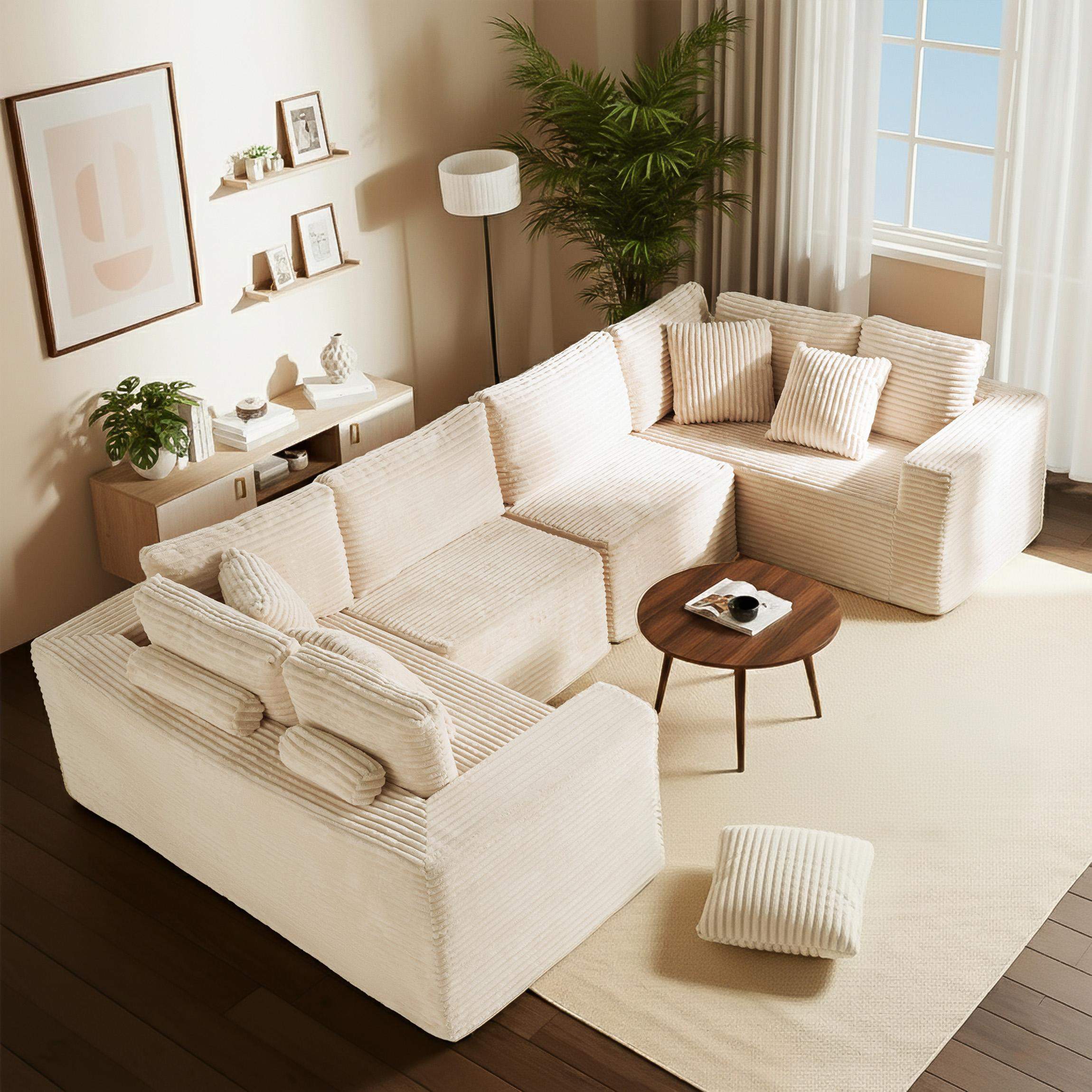 Left. Roomtec - 135.5 inch Beige Corduroy Modular Sectional Sofa 6Seater UShaped Couch with Reversible Chaise Lounge Freely - Beige.