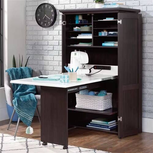 Angle. SlickBlue - Versatile Drop Leaf Desk – Home Office Computer Desk, Craft Table, and Armoire - Dark Brown.