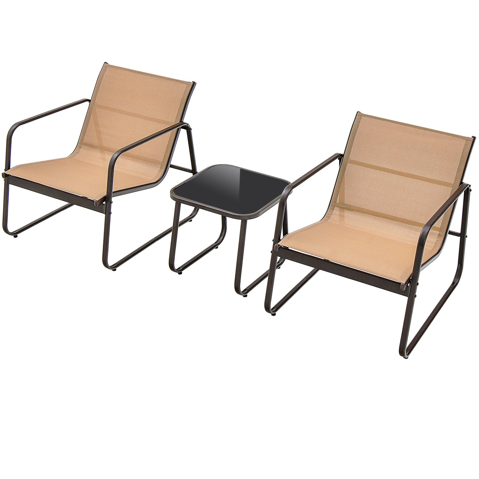 Alt View 6. Gymax - Gymax 3PCS Conversation Set Outdoor Metal Chair & Table Tempered Glass Top Patio - Brown.