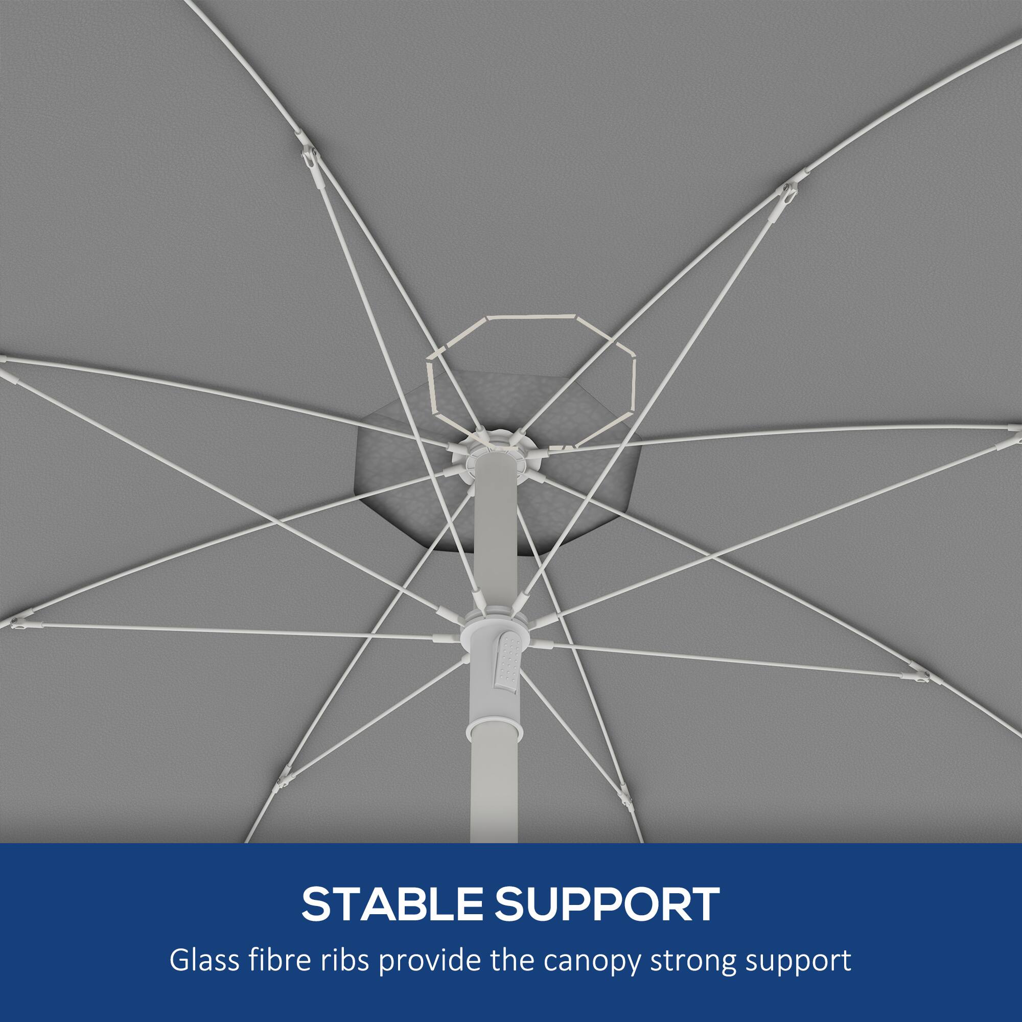 STABLE SUPPORT
Glass fibre ribs provide the canopy strong support