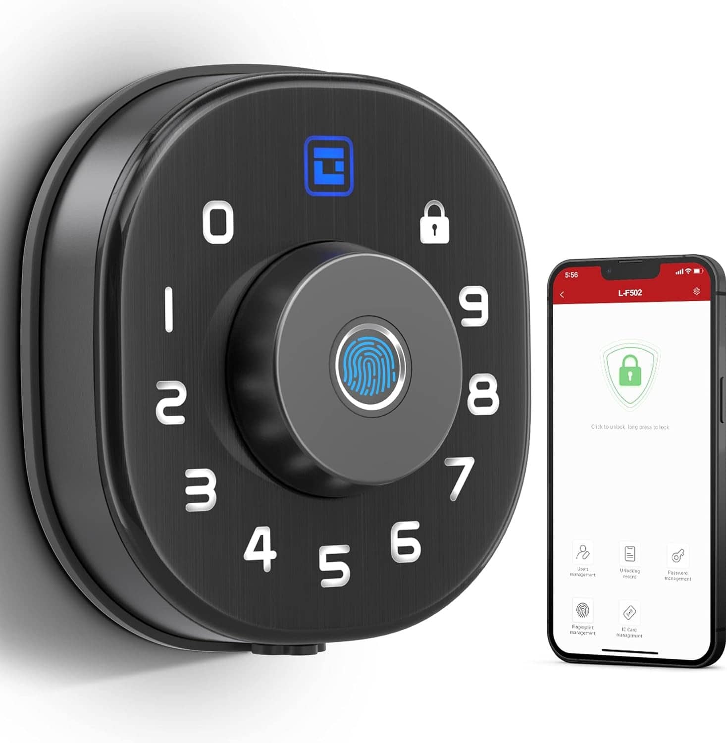 Wrightmaster - 5-in-1 Aluminum Smart Pad Lock with Wi-Fi & Voice Control, Fingerprint, IC Card, Keypad, Key & Auto-Unlock - Black