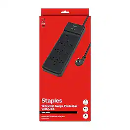Staples TECH - 12-Outlet 2-USB Port Surge Protector, 8', 3900 Joules - Black