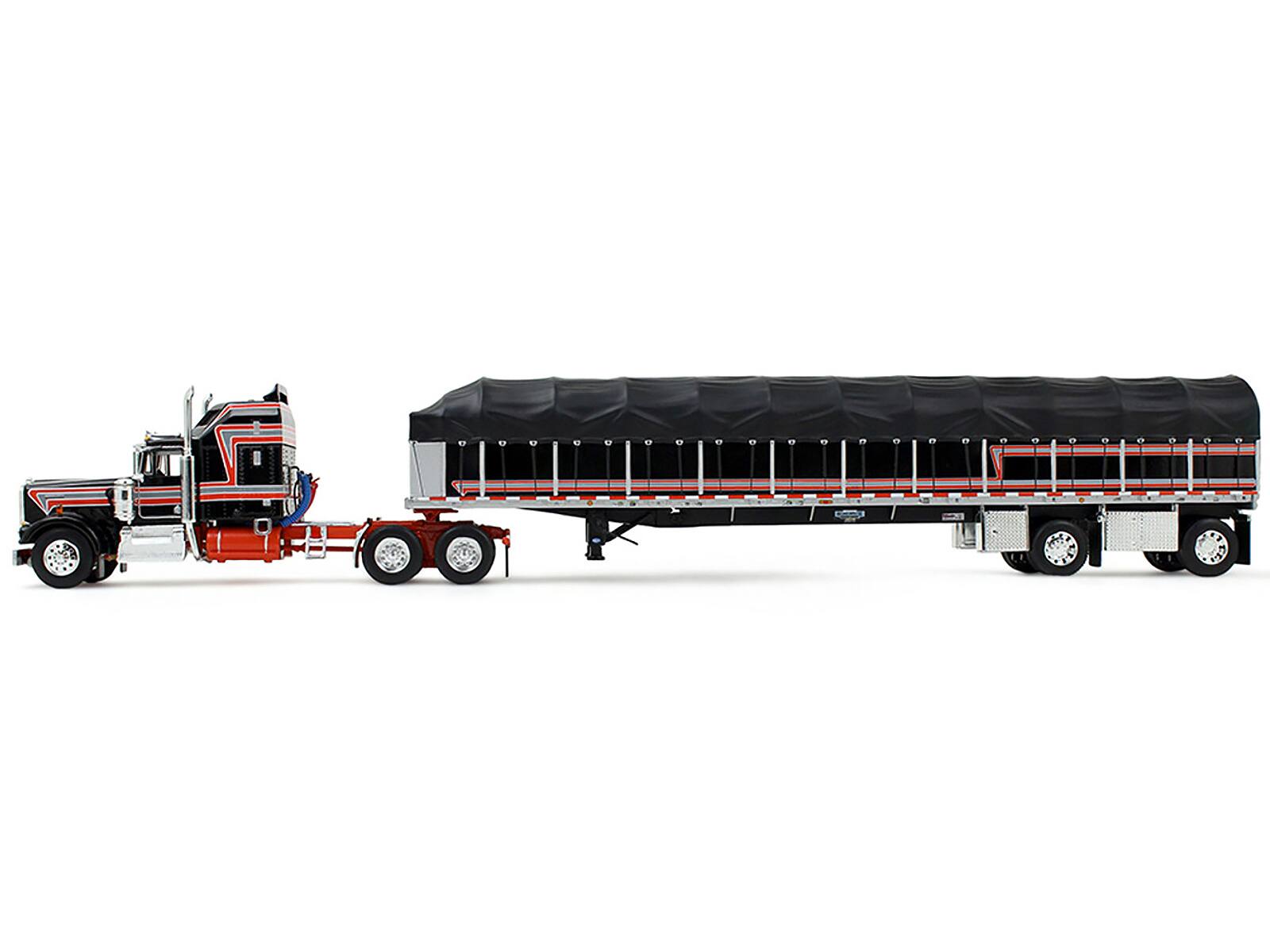 Alt View 2. First Gear - Kenworth W900A with 60" Aerodyne Sleeper and 53’ Wilson Flatbed with Wagon Black with Red 1/64 Model by DCP/First Gear.