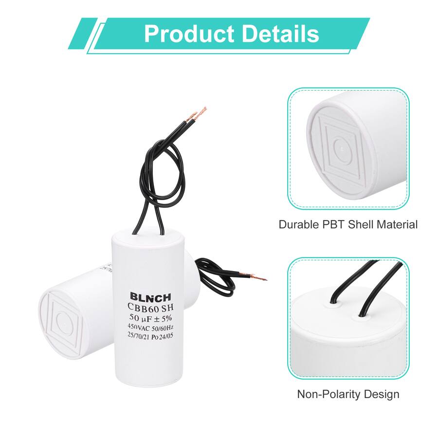 Unique Bargains 2pcs 50uF CBB60 Running Capacitor, AC 450V 2 Wire for ...