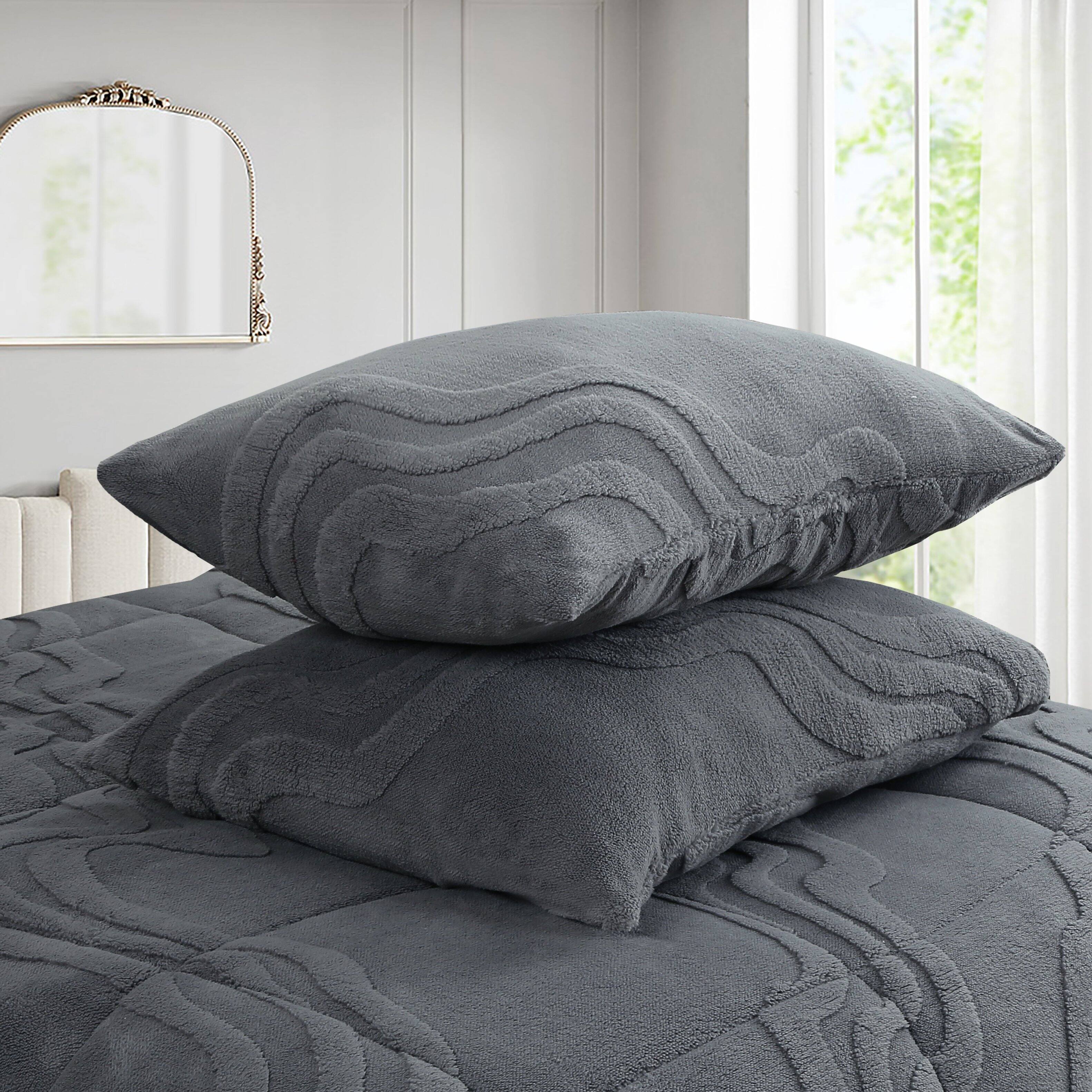 Back. MarCielo - Marcielo 3 PCS Wave Jacquard Soft Plush Comforter Set - Light Grey.