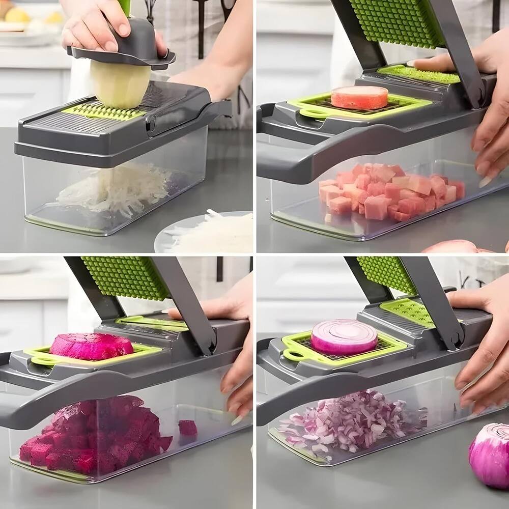 Back. PARKER SLATER - 14-in-1 Vegetable and Fruit Cutter with Container, Multifunctional Slicer, Dicer, Chopper, Home Kitchen Essential - Gray.