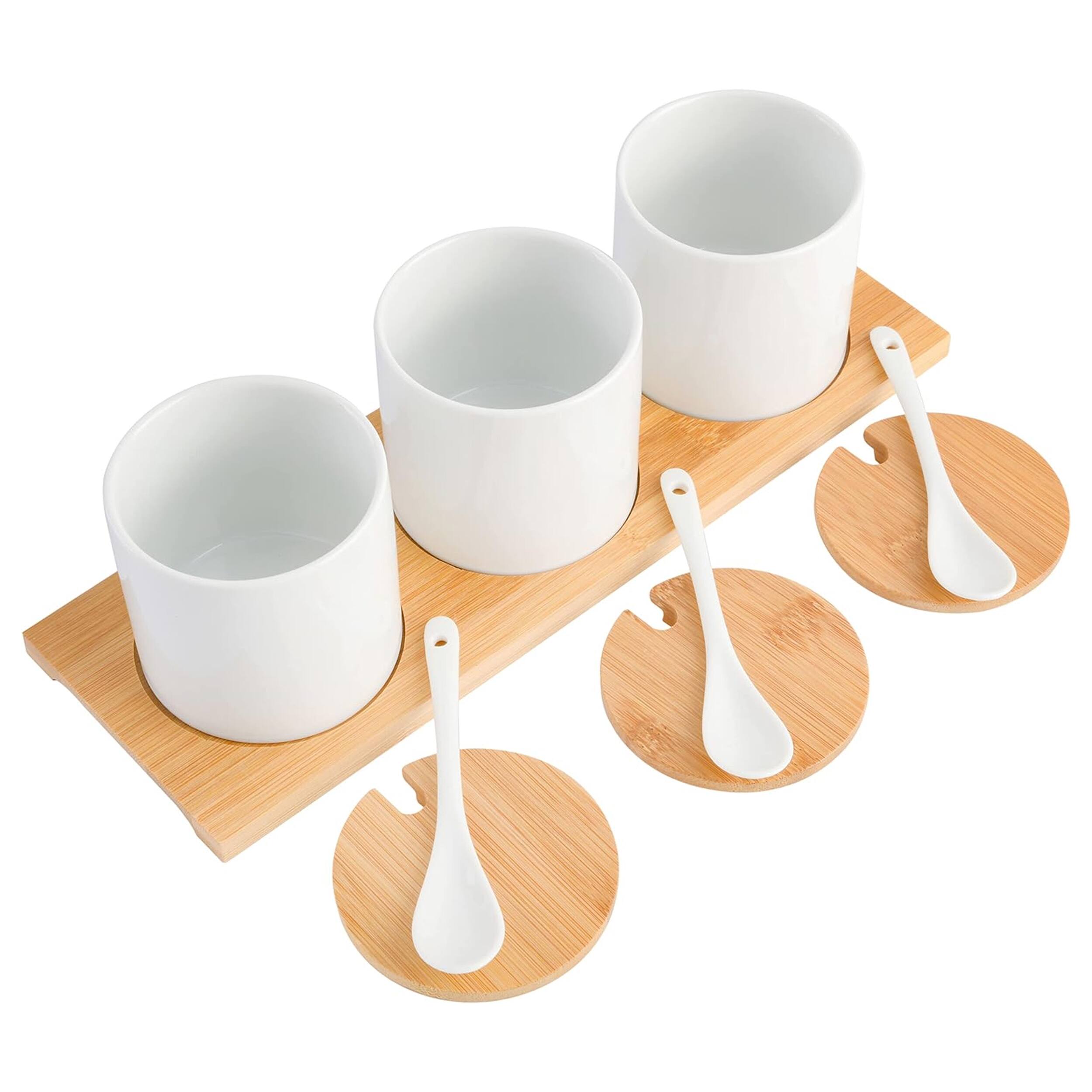 Angle. Gibson - Gibson Gracious Dining 10 Piece Fine Ceramic Condiment Jars with Bamboo Lids and Spoons in White - White.