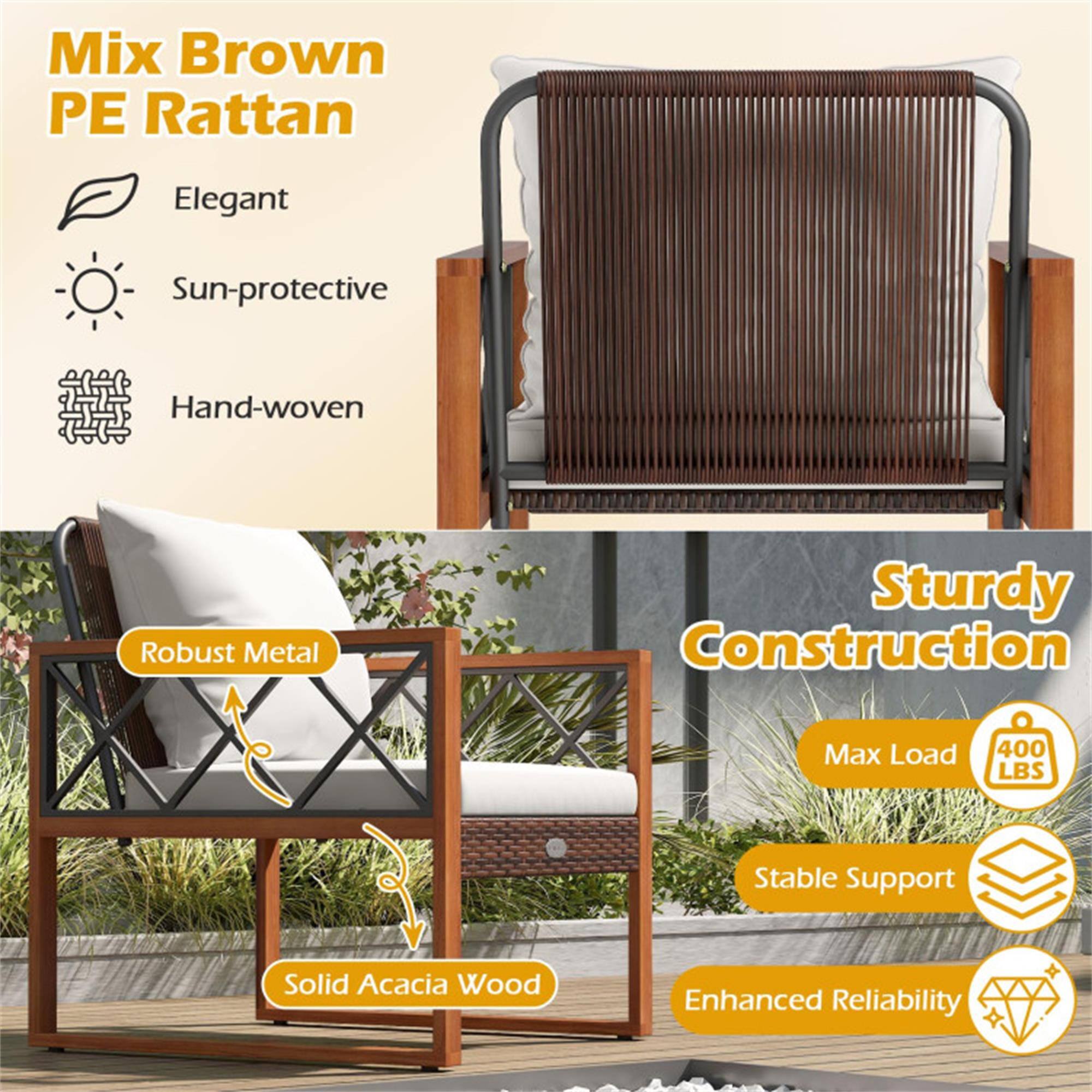 Mix Brown PE Rattan  
Elegant  
Sun-protective  
Hand-woven  

Sturdy Construction  
Robust Metal  
Solid Acacia Wood  
Max Load 400 LBS  
Stable Support  
Enhanced Reliability