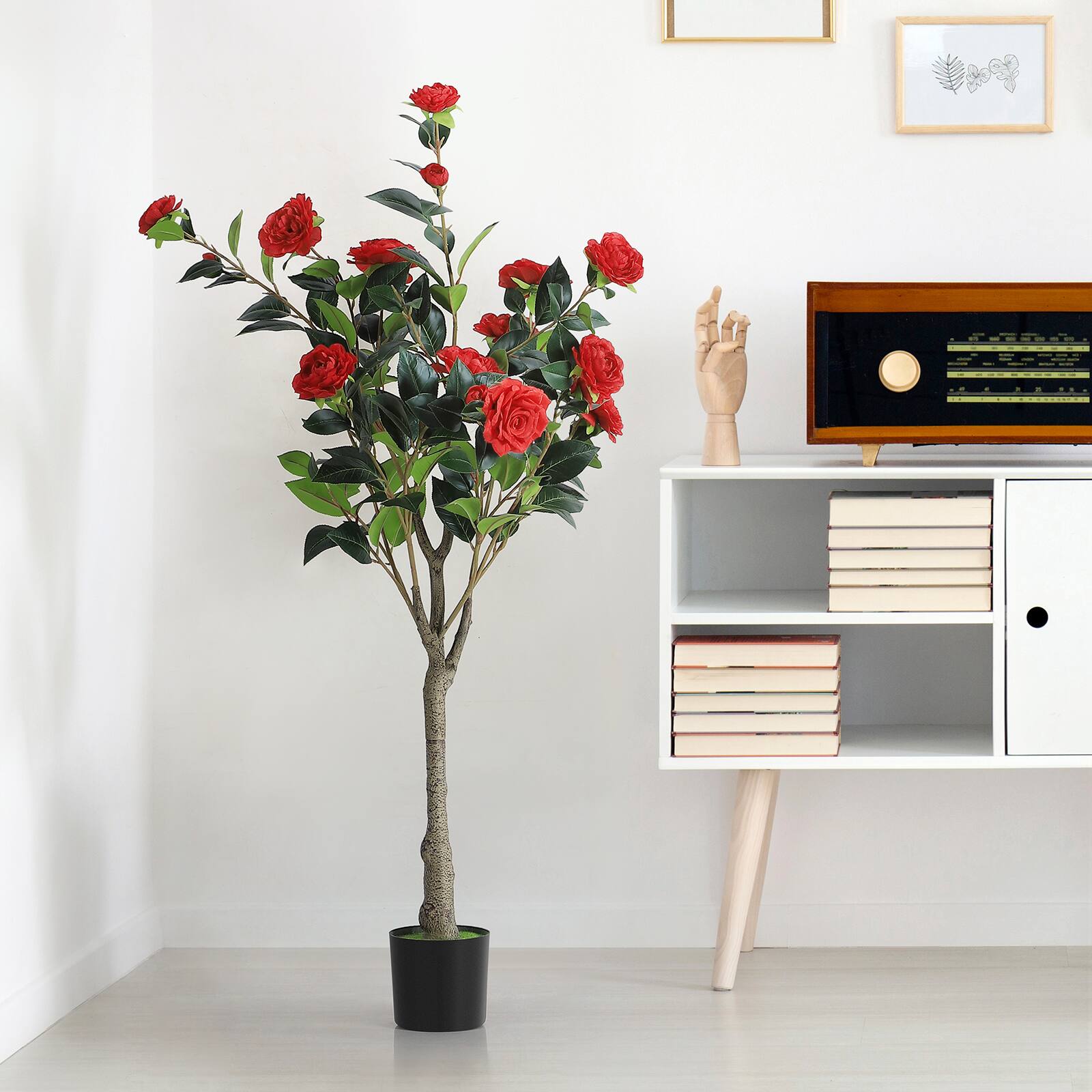 Alt View 2. Oumilen - 2 Pack Artificial Red Camellia Tree in Black Pot - Red.