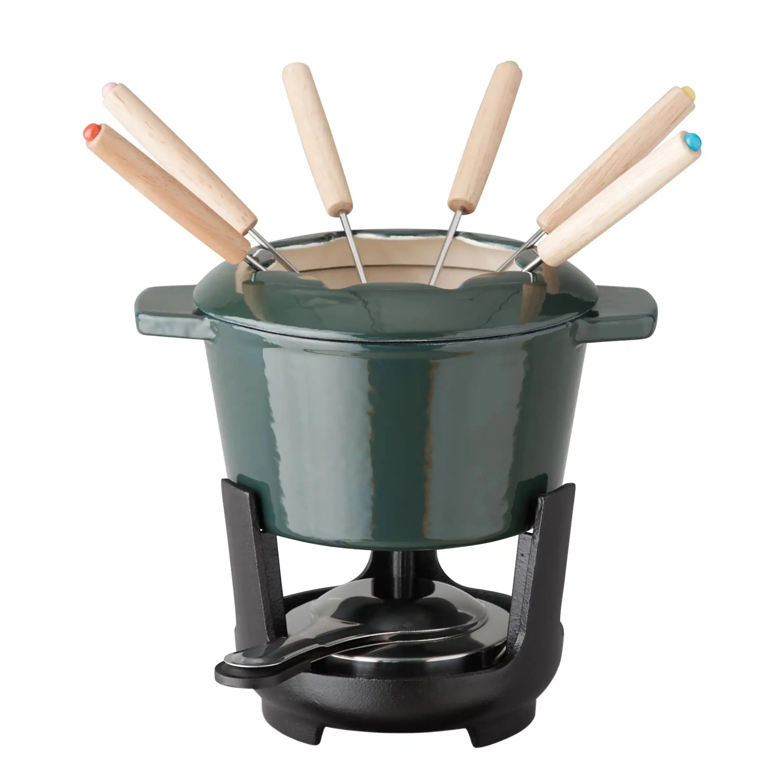 Our Table - 13 Piece Enameled Cast Iron Fondue Pot Set - Sycamore