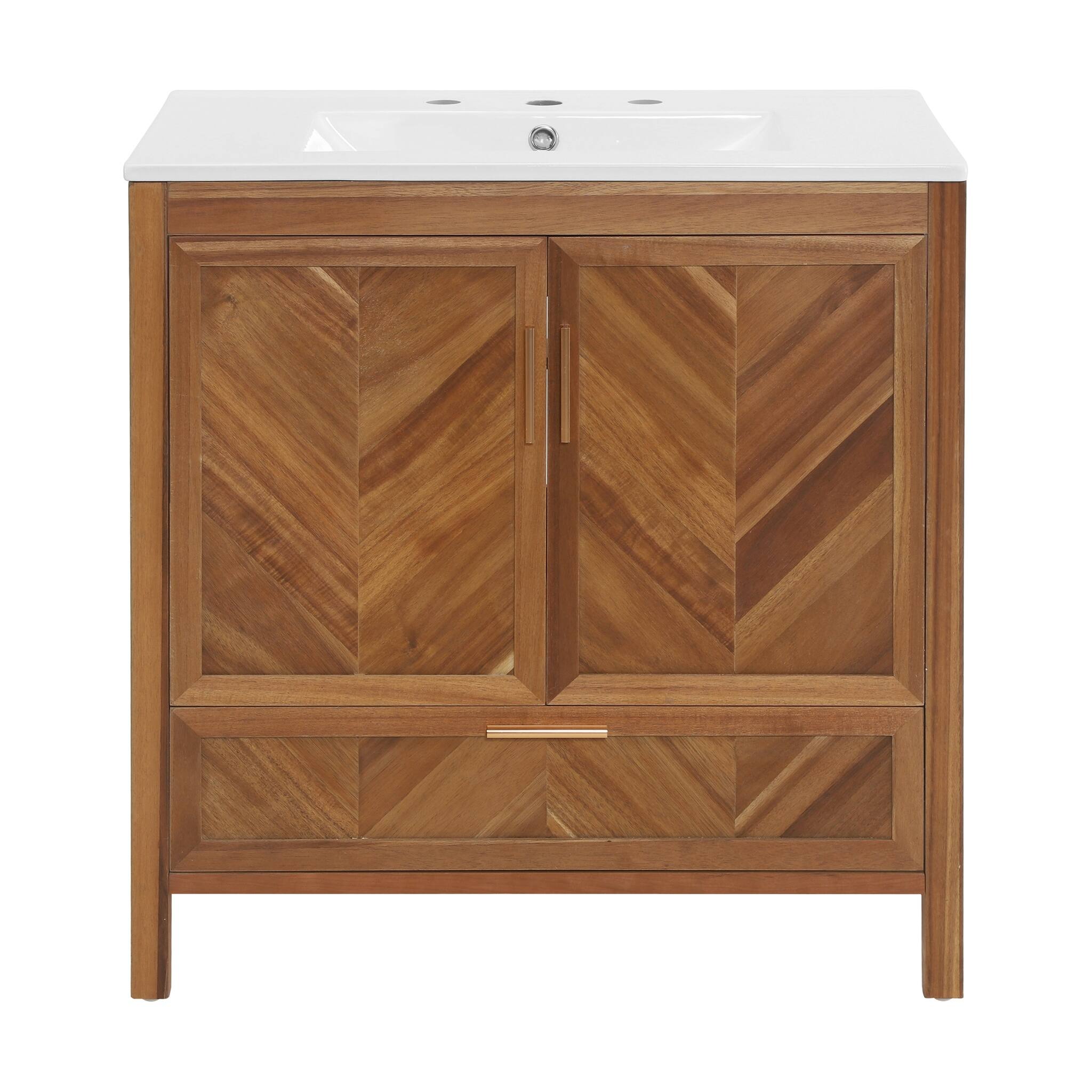 Angle. JUJABU - 30 Inch Freestanding Farmhouse Bathroom Vanity with Integrated White Ceramic Sink Top and Full Extension Drawer - Natural.