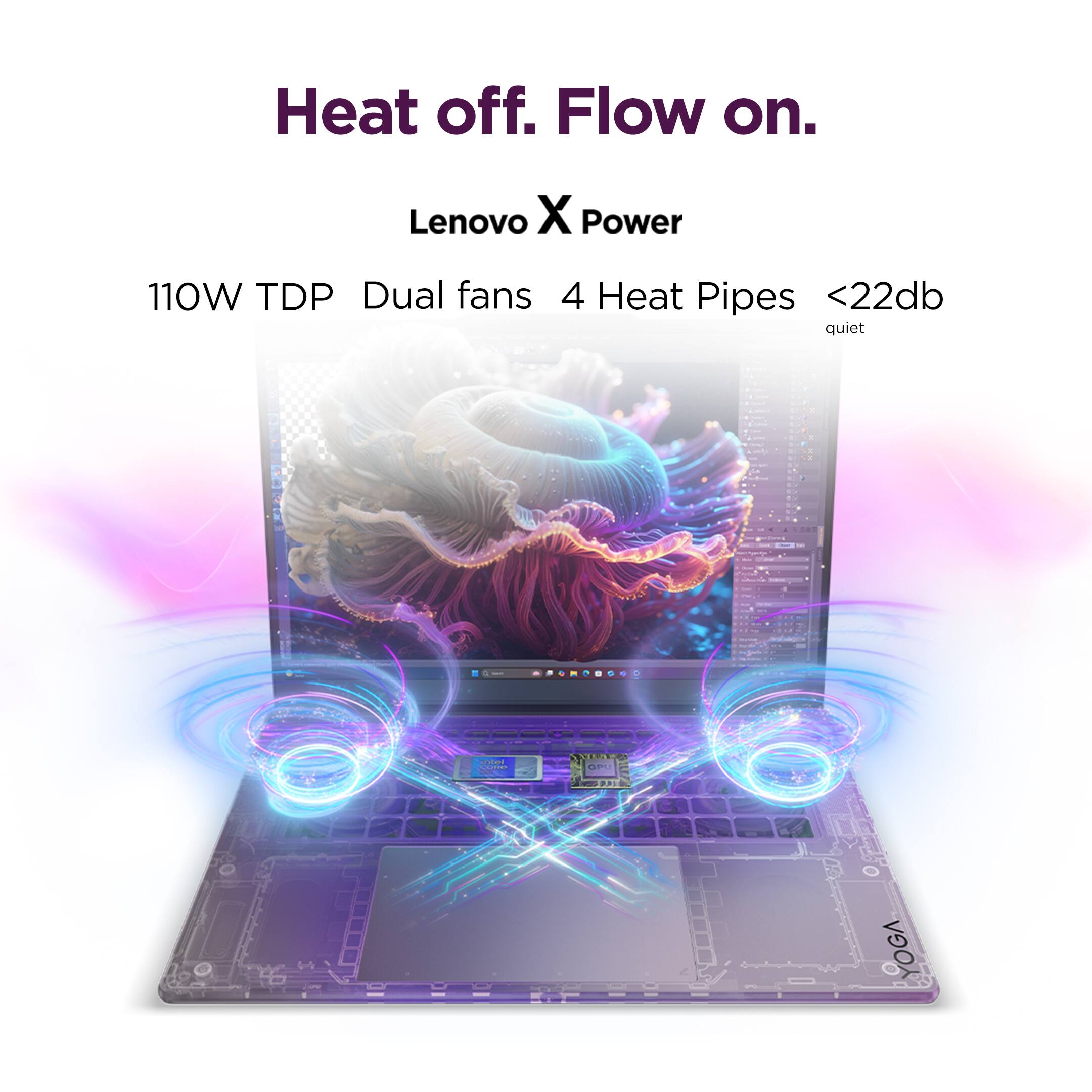 Heat off. Flow on.  
Lenovo X Power  
110W TDP Dual fans 4 Heat Pipes <22db quiet