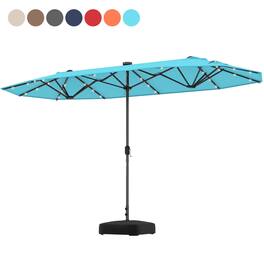 Costway - 13FT Double-sided Patio Umbrella with Solar Lights Crank Handle Umbrella Base - Turquoise