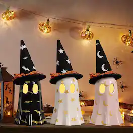 Sunoyar - Halloween Ceramic Ghost Figurines with Witch Hats and Tea Lights 3 Piece Set - White