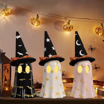 Front. Sunoyar - Halloween Ceramic Ghost Figurines with Witch Hats and Tea Lights 3 Piece Set - White.