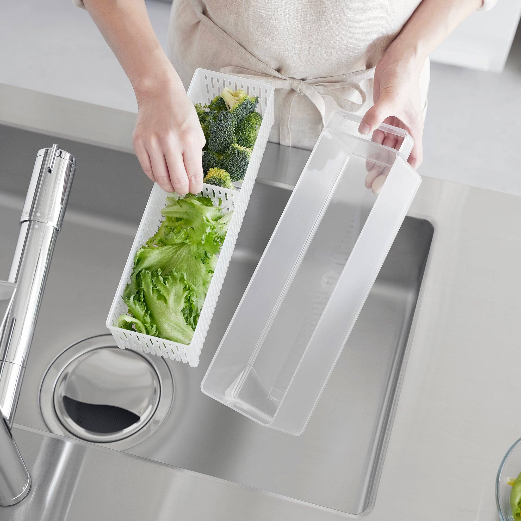 Left. Yamazaki Home - Refrigerator Colander with Lid & Divider - Clear.