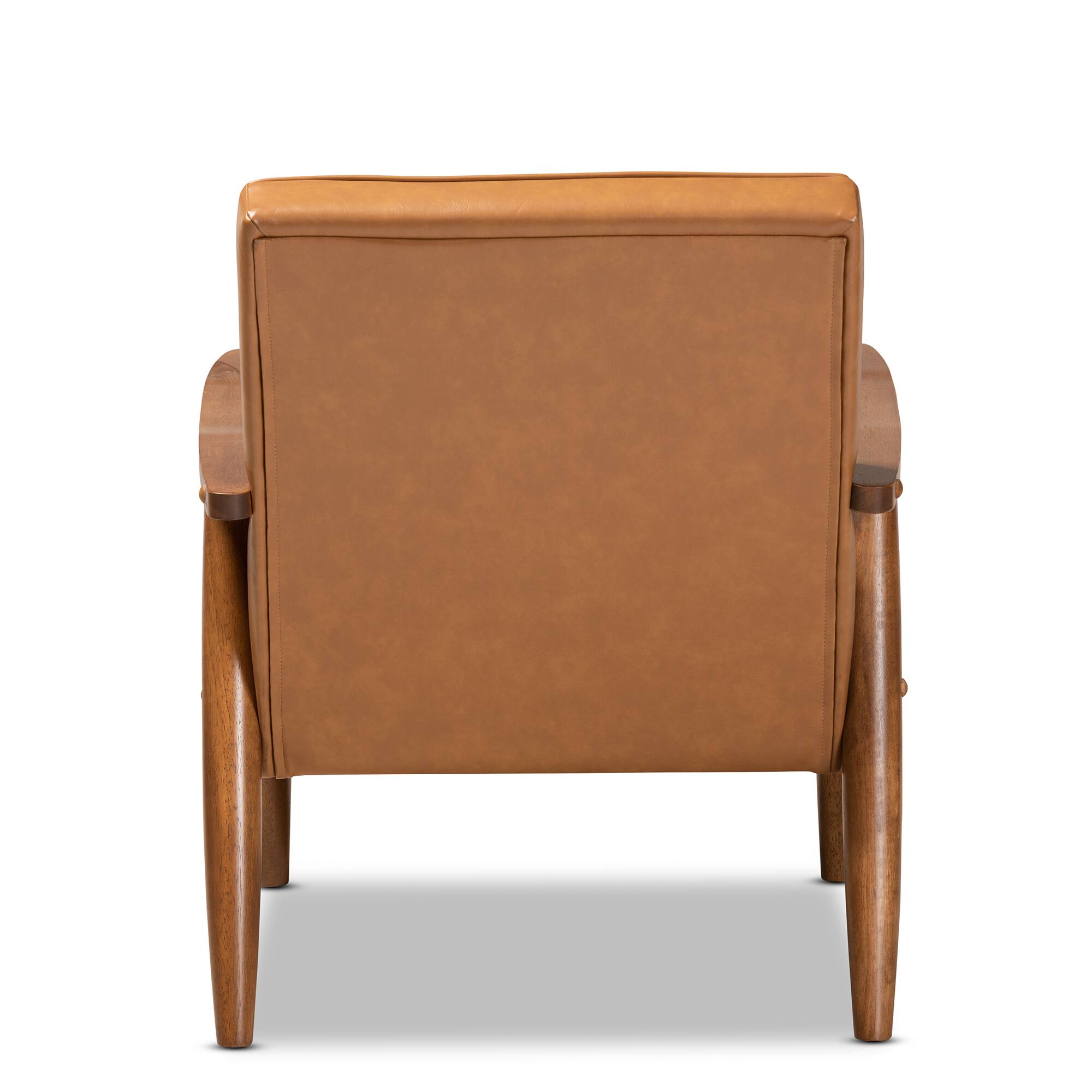 Back. Baxton Studio - Sorrento Mid-Century Modern Tan Faux Leather Upholstered and Walnut Finished Wood Lounge Chair - Tan/walnut brown.