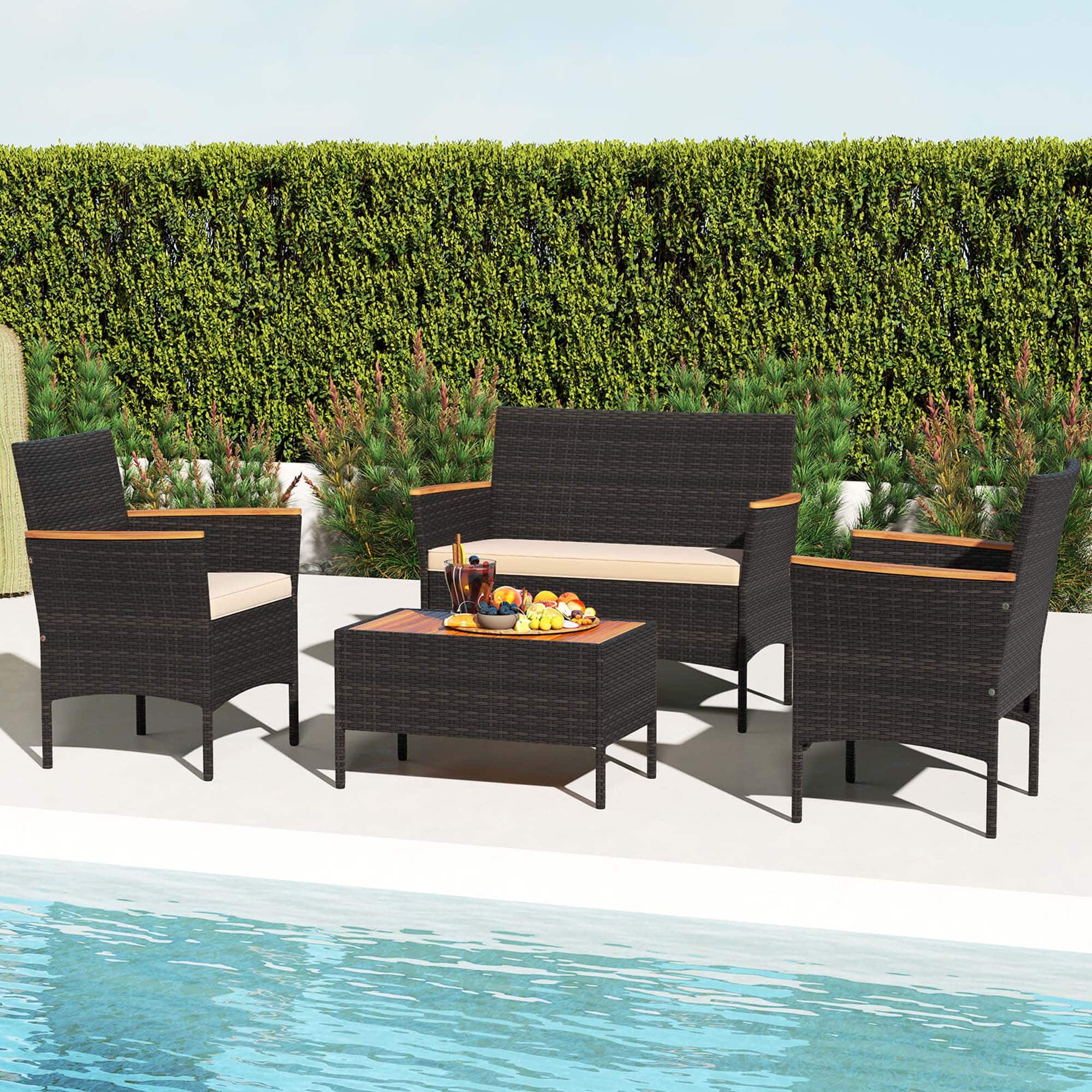 Front. Costway - Costway 4 PCS Patio Wicker Sofa Set with Coffee Table Acacia Wood Armrests & Tabletop - Mix Brown + Brown.