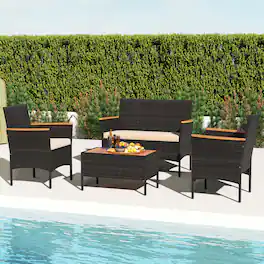 Costway - 4 PCS Patio Wicker Sofa Set with Coffee Table Acacia Wood Armrests & Tabletop - Brown