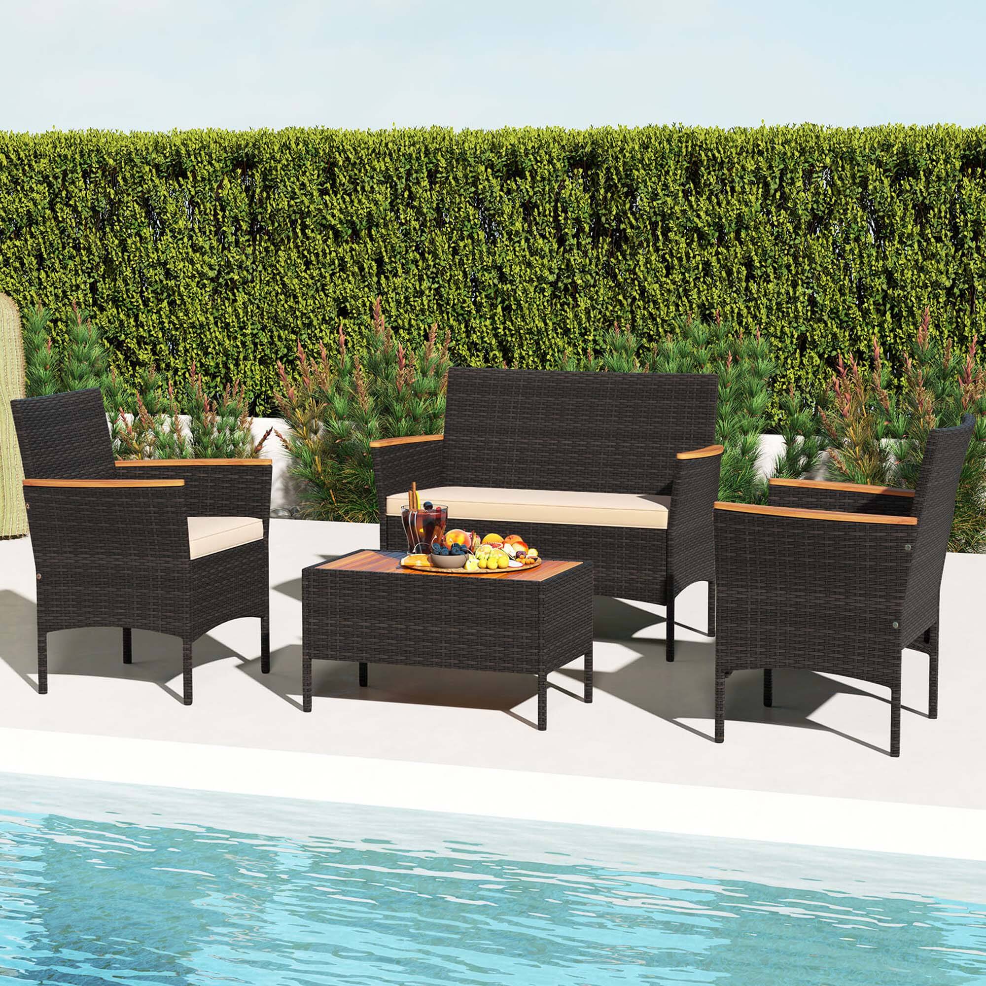 Alt View 1. Costway - Costway 4 PCS Patio Wicker Sofa Set with Coffee Table Acacia Wood Armrests & Tabletop - Brown.
