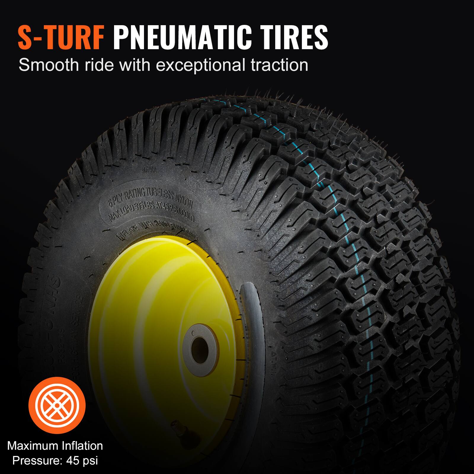 S-TURF PNEUMATIC TIRES  
Smooth ride with exceptional traction  

NHS SERV-CE P332409 H RATING TU3E SSS 6PLY (UND3ERS ATSP NYLON MAX NAWA UAGY 24 WFLATE  

Maximum Inflation Pressure: 45 psi