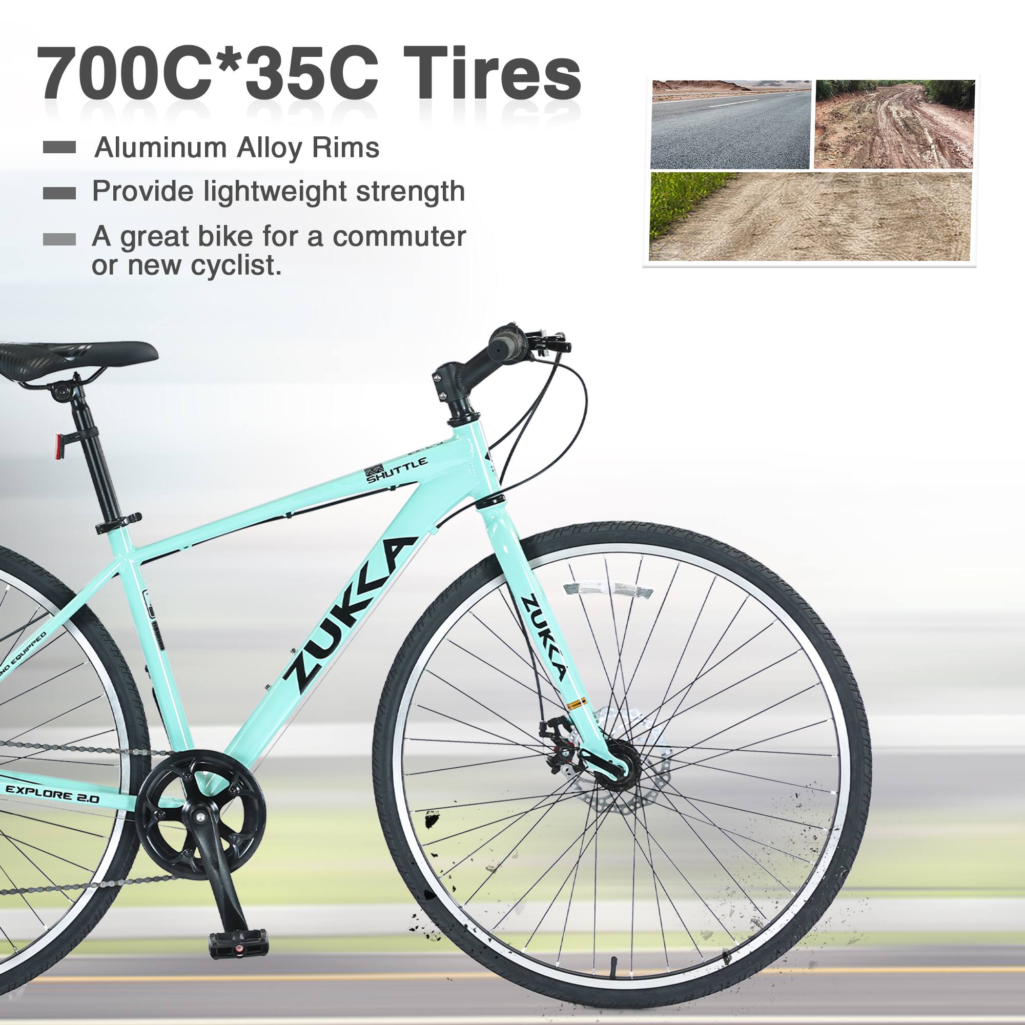 700C*35C Tires  
- Aluminum Alloy Rims  
- Provide lightweight strength  
- A great bike for a commuter or new cyclist.  

EXPLORE 2.0  
SHUTTLE  
ZUKA