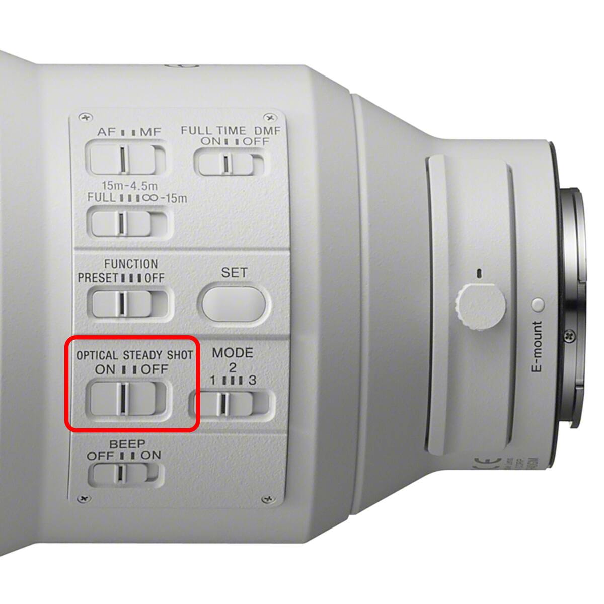 AF MF FULL TIME DMF ON OFF 15m-4.5m FULL 11100-15m FUNCTION PRESET OFF SET OPTICAL STEADY SHOT MODE ON 2 3 BEEP OFF ON