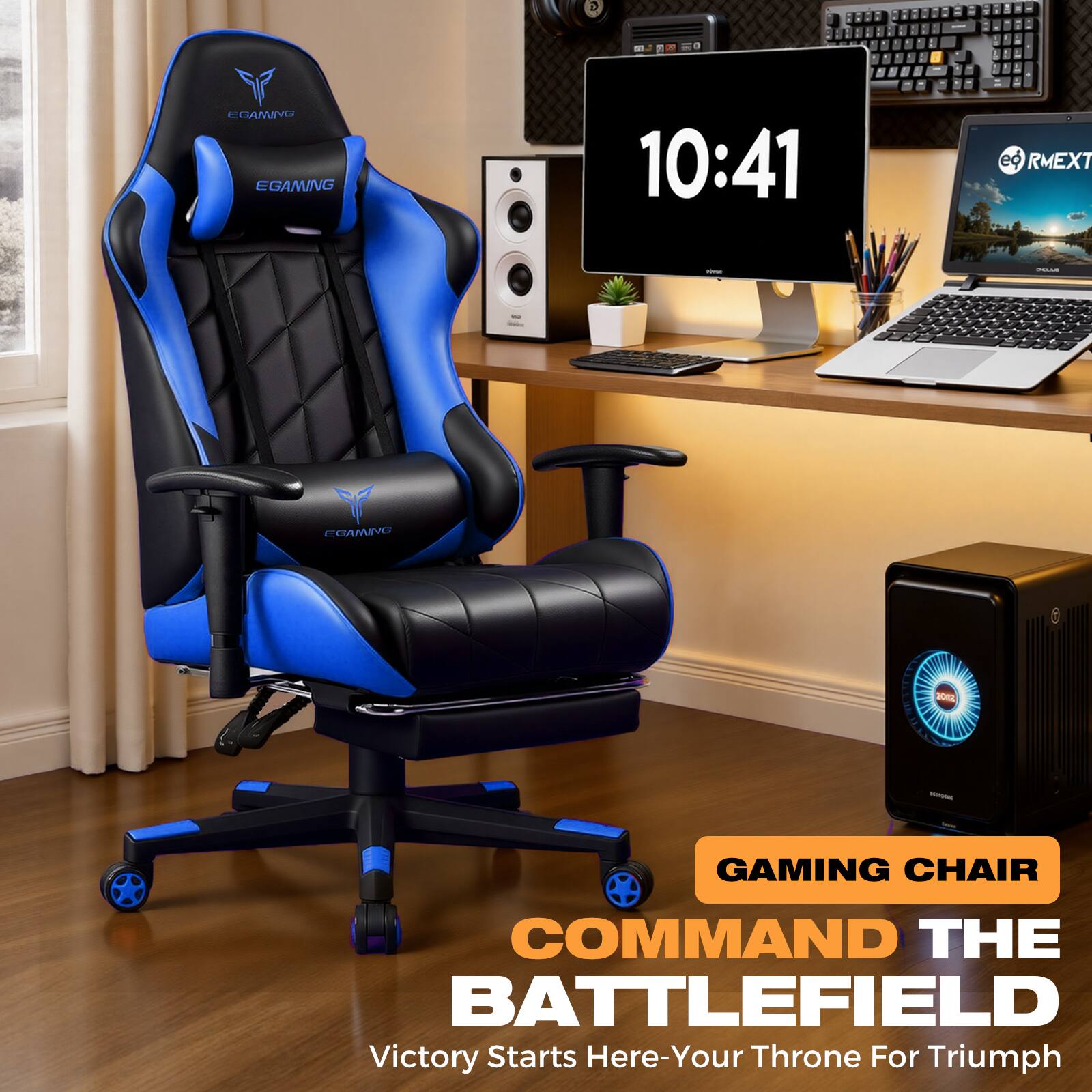 EGAMING  
EGAMING  
EGAMING  

10:41  

GAMING CHAIR  
COMMAND THE BATTLEFIELD  
Victory Starts Here - Your Throne For Triumph