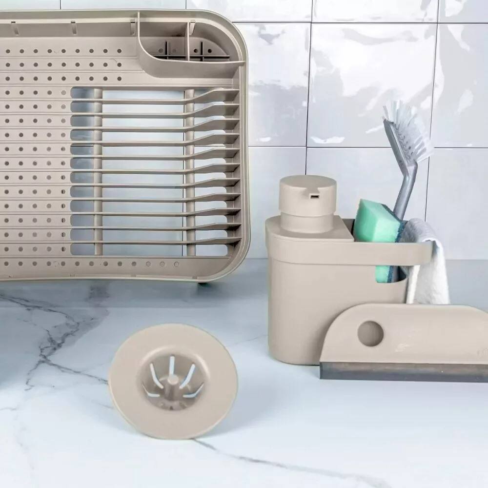 Angle. OU - OU Kitchen Sink Organizer 3pc Set, Dish Rack, Cutlery Drainer & Soap Dispenser Caddy w Sponge Holder - Beige - Beige.