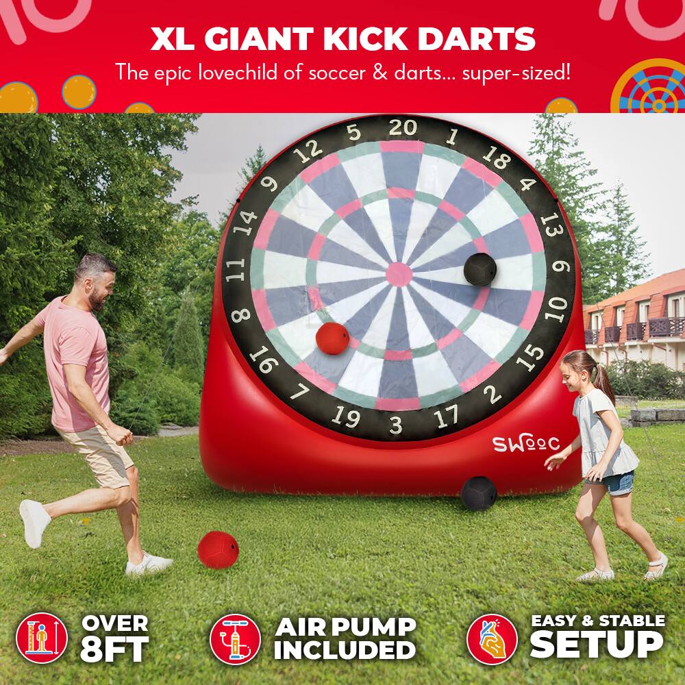 XL GIANT KICK DARTS  
The epic lovechild of soccer & darts... super-sized!

OVER 8FT

AIR PUMP INCLUDED

EASY & STABLE SETUP