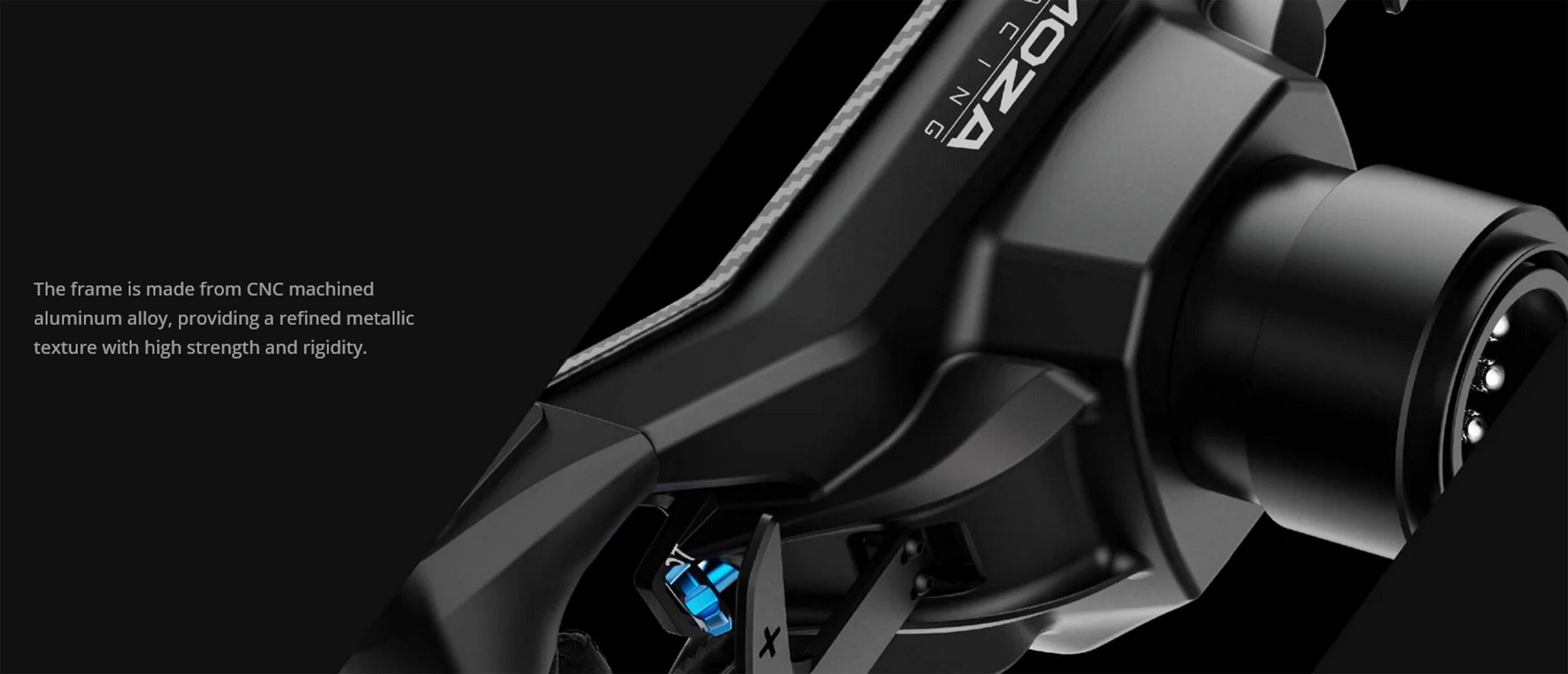 The frame is made from CNC machined aluminum alloy, providing a refined metallic texture with high strength and rigidity.