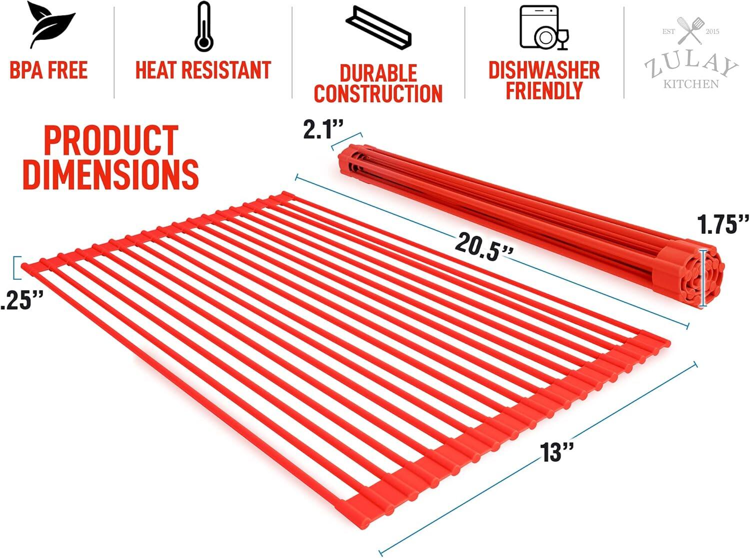 EST 2015  
BPA FREE  
HEAT RESISTANT  
DURABLE CONSTRUCTION  
DISHWASHER FRIENDLY  

PRODUCT DIMENSIONS  
20.5" x 13" x 1.75"  
2.1"  

ZULAY KITCHEN