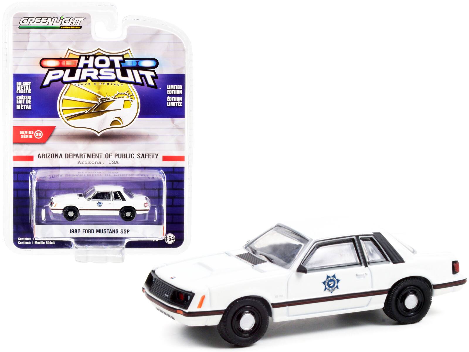1982 Ford Mustang SSP White "Arizona Department of Public Safety" "Hot Pursuit" Series 39 1/64 Model Car by Greenlight