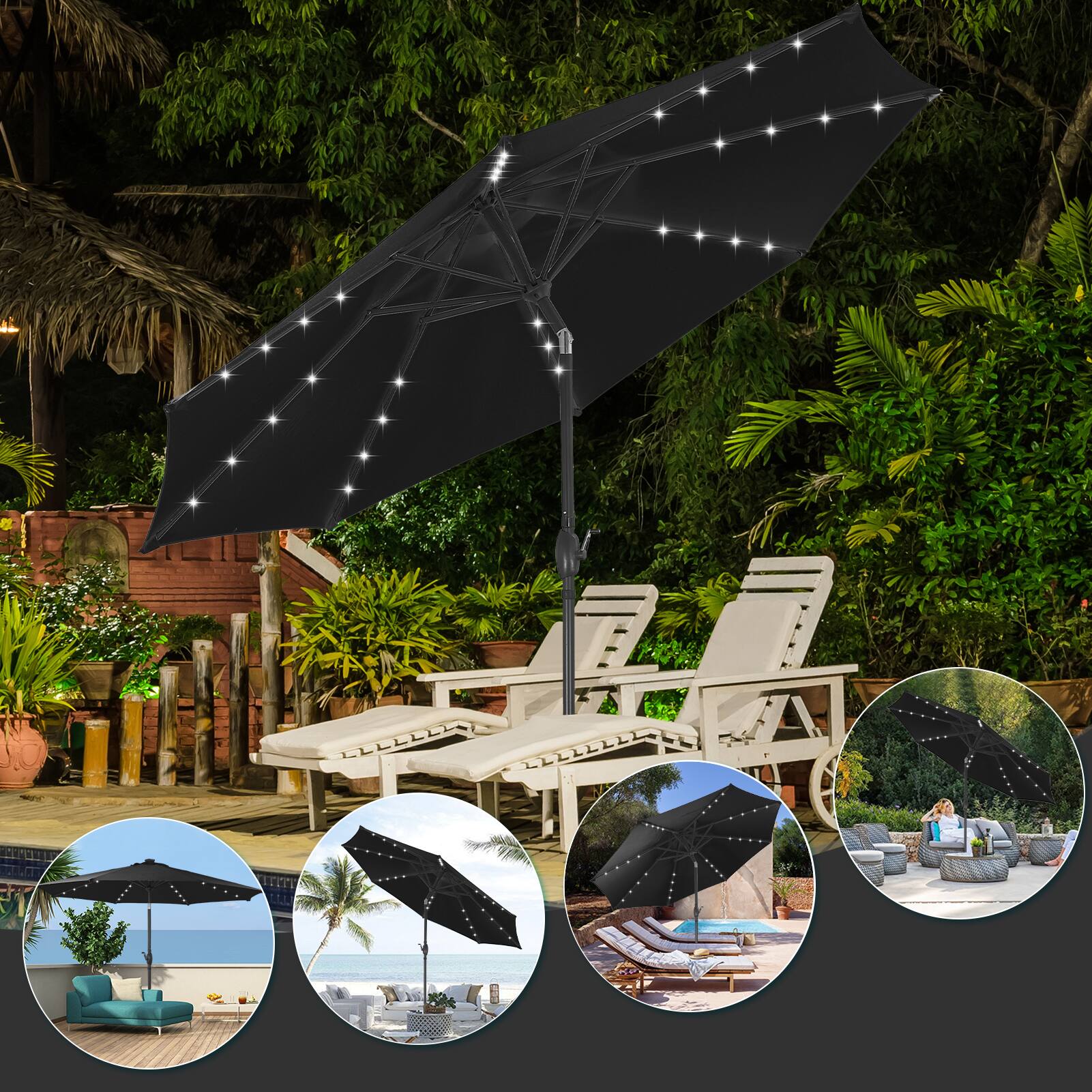 Back. Ainfox - Ainfox 10FT Solar LED Patio Umbrella with Tilt and Crank UV Protection for Garden Deck Backyard Pool Beach with light - black.