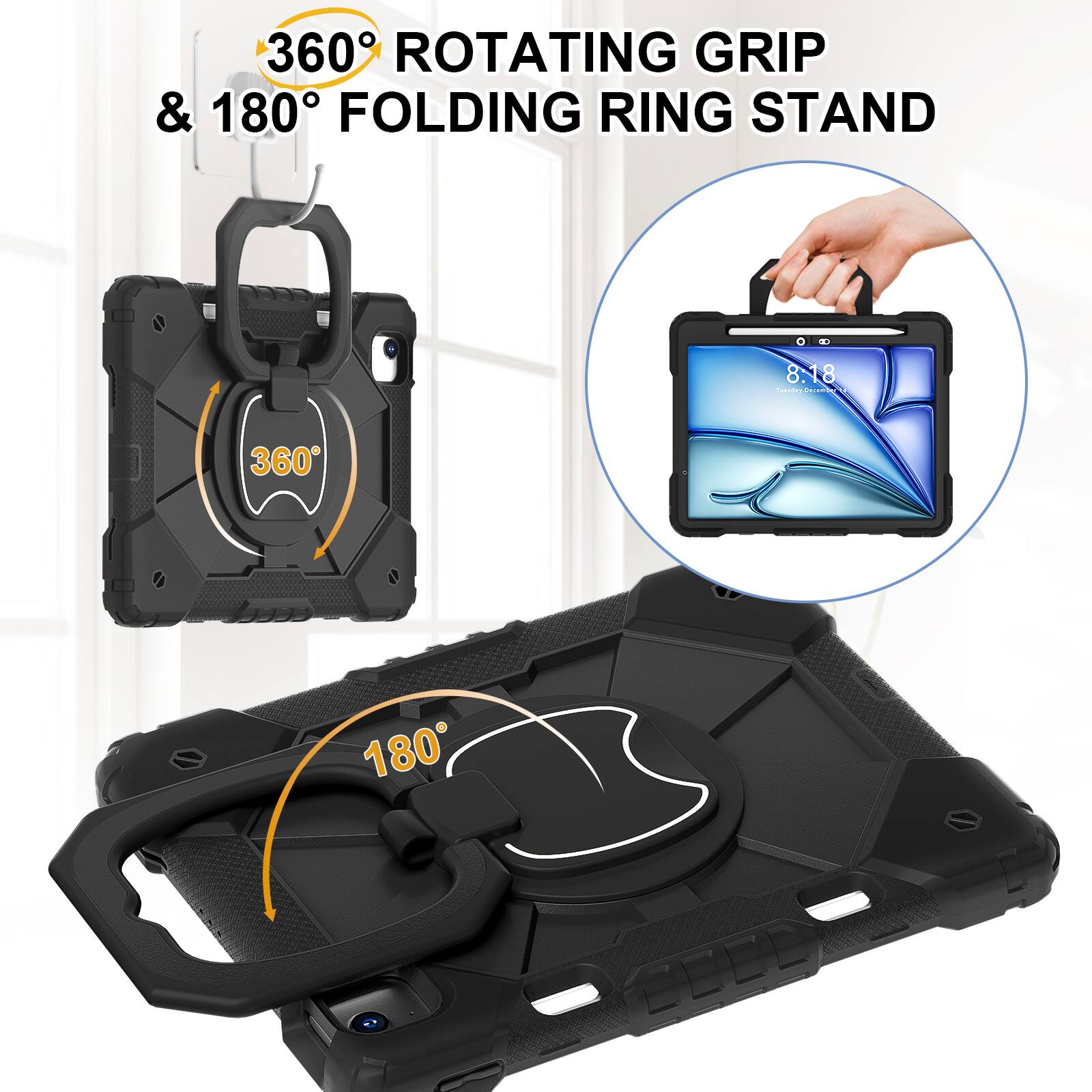 360° Rotating Grip & 180° Folding Ring Stand