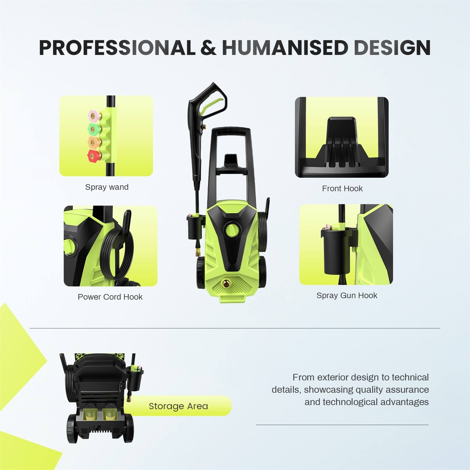 PROFESSIONAL & HUMANISED DESIGN

- Spray wand
- Front Hook
- Power Cord Hook
- Spray Gun Hook
- Storage Area

From exterior design to technical details, showcasing quality assurance and technological advantages