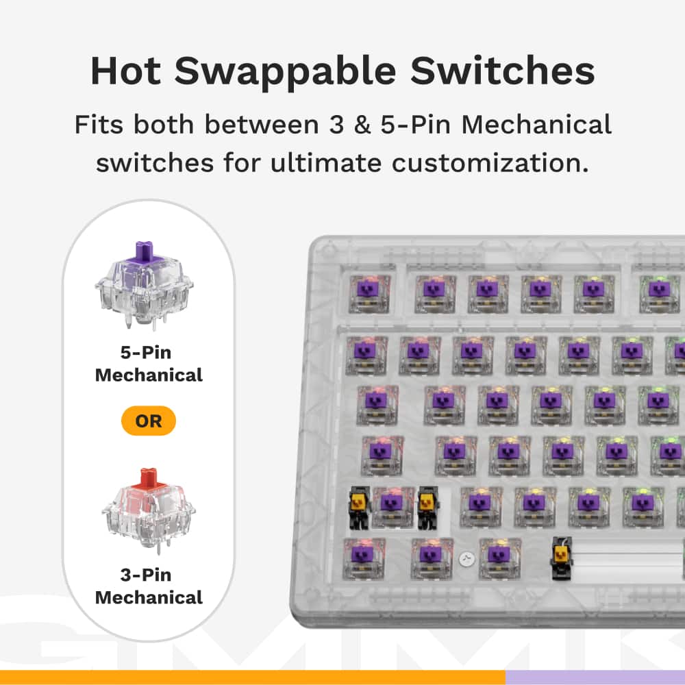 Hot Swappable Switches: Fits both between 3 & 5-Pin Mechanical switches for ultimate customization. 5-Pin Mechanical OR 3-Pin Mechanical.