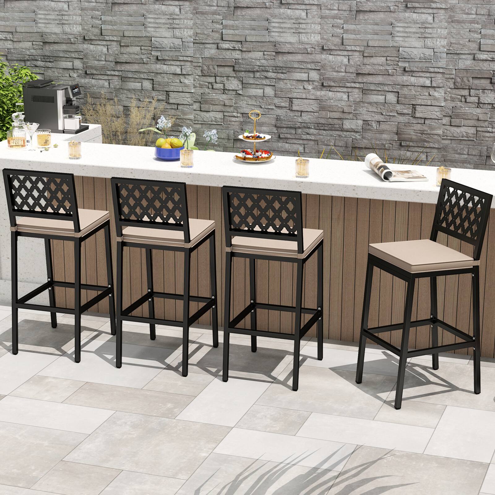 Alt View 1. Gymax - Gymax 4 PCS Outdoor Bar Stools 27’’ Counter Height Barstools w/ Removable Cushions - Black, Beige.