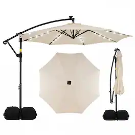 Costway - 10 FT Solar Offset Hanging Umbrella Patio Cantilever Umbrella with 32 LED Lights - Beige