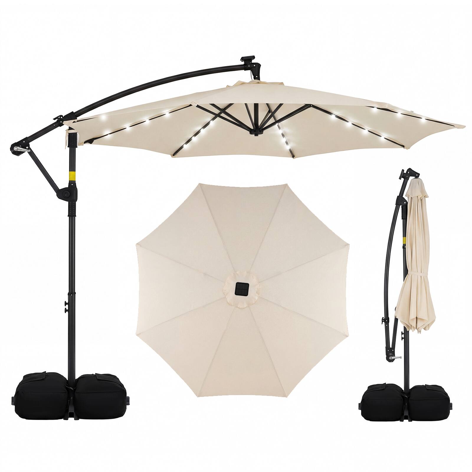 Costway - 10 FT Solar Offset Hanging Umbrella Patio Cantilever Umbrella with 32 LED Lights - Beige