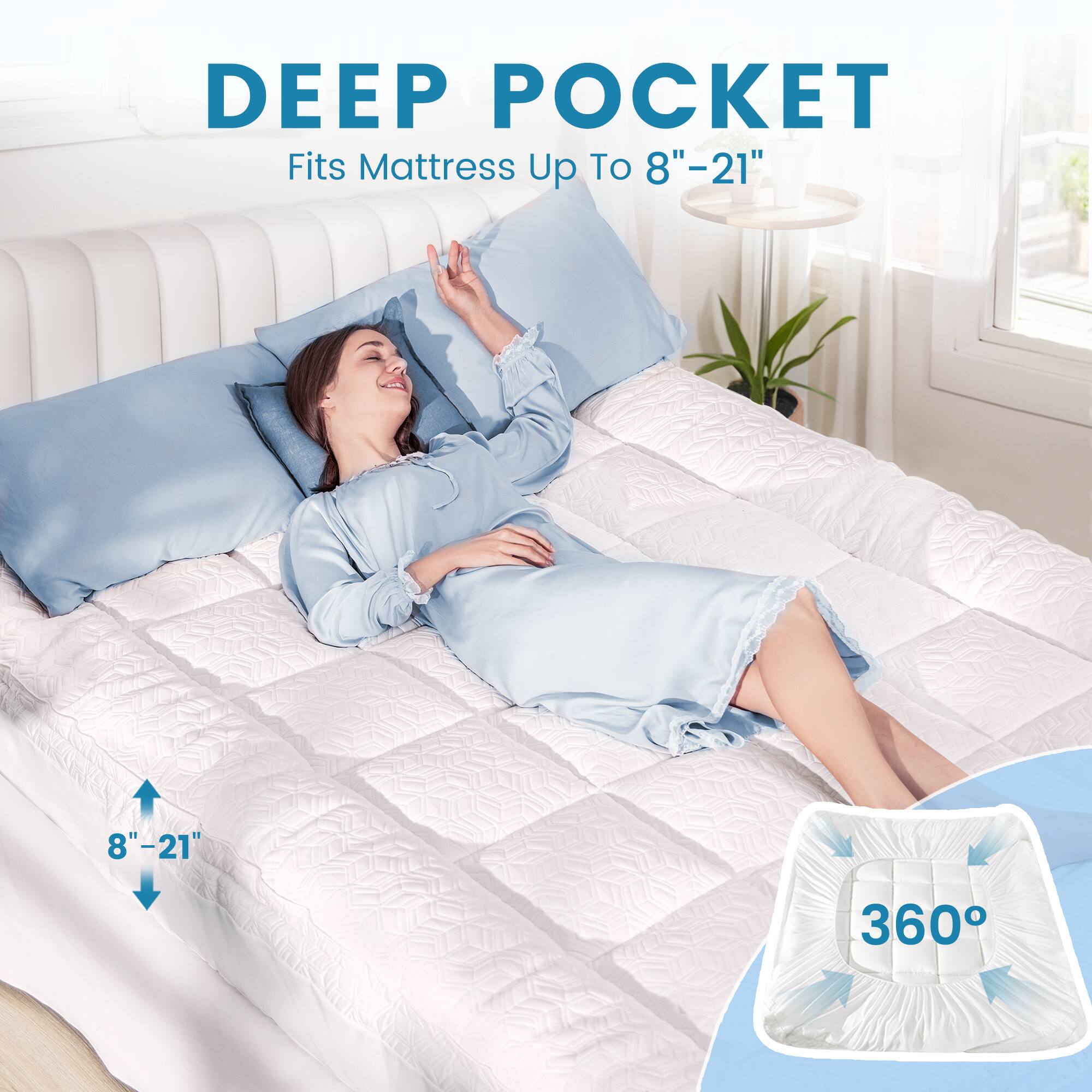 DEEP POCKET Fits Mattress Up To 8"-21" 8"-21" 360°