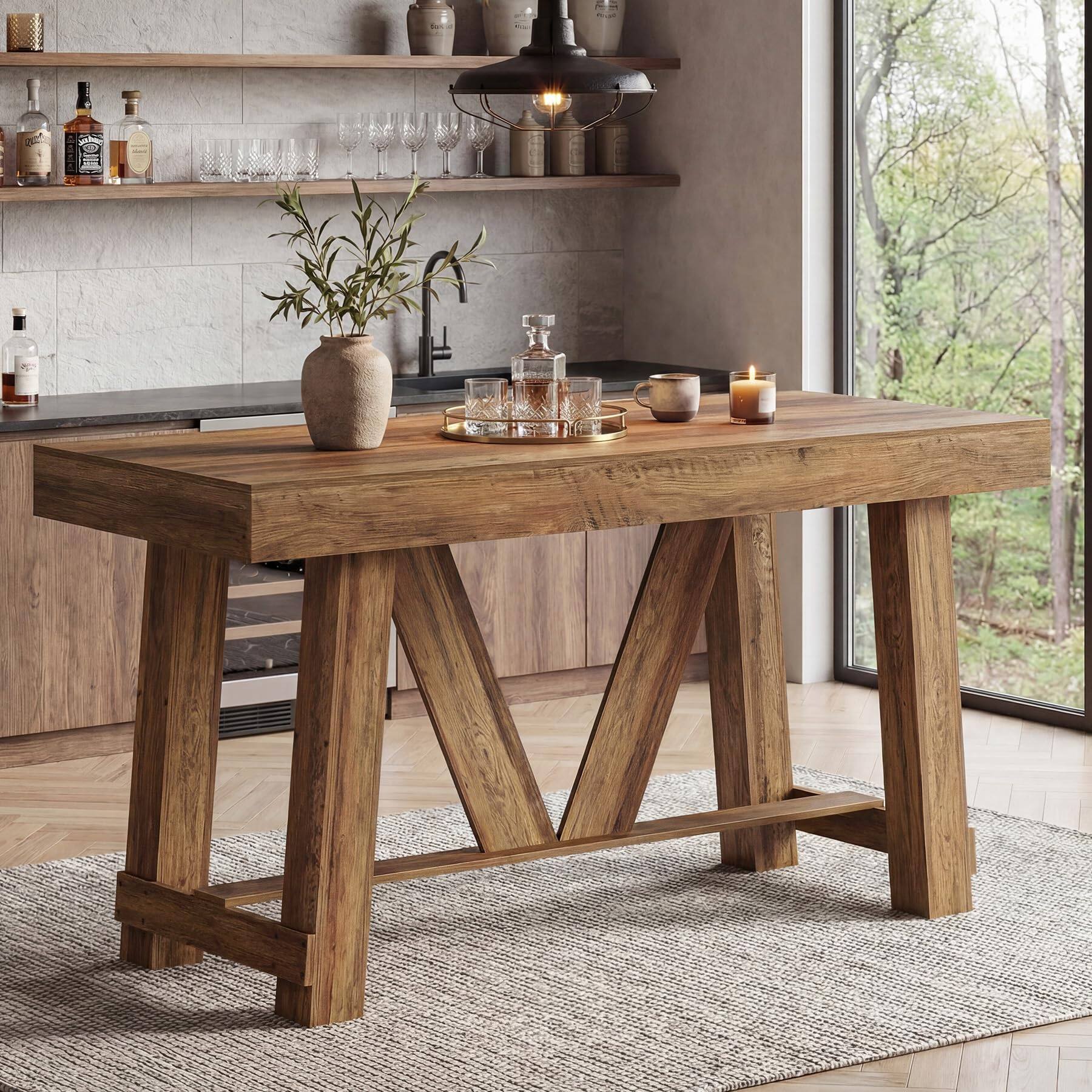 Tribesigns - 55.1-Inch Farmhouse Counter-Height Bar Table with Wood-Grain Finish for Kitchen or Dining Room - Rustic Brown