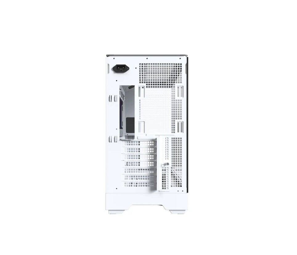 Back. Montech - KING 45 KING45W ATX PC Case, Curved Panoramic Glass, Chimney Airflow, 360mm Radiator Support - White.