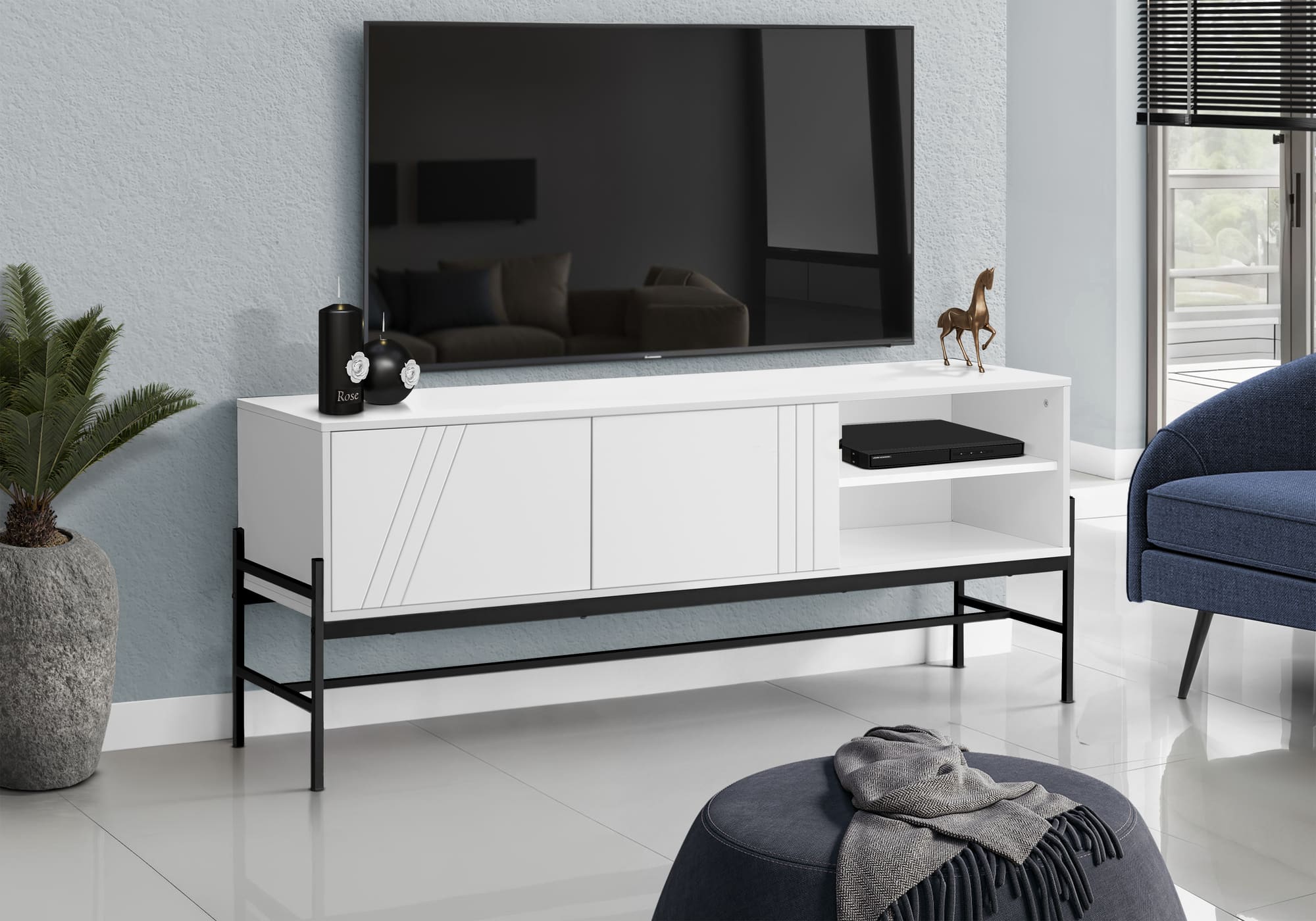 APRILSOUL - Tv Stand 60 Inch Console Media Storage Cabinet Laminate Black Metal - White