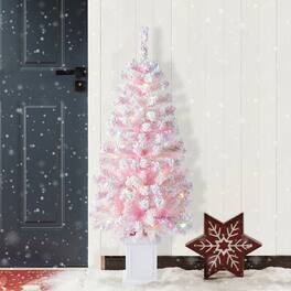 Glitzhome - 4ft Pre-Lit Flocked Pink Artificial Christmas Porch Tree, 100 /multi-color LED Lights,8 function, Foot Pedal - White