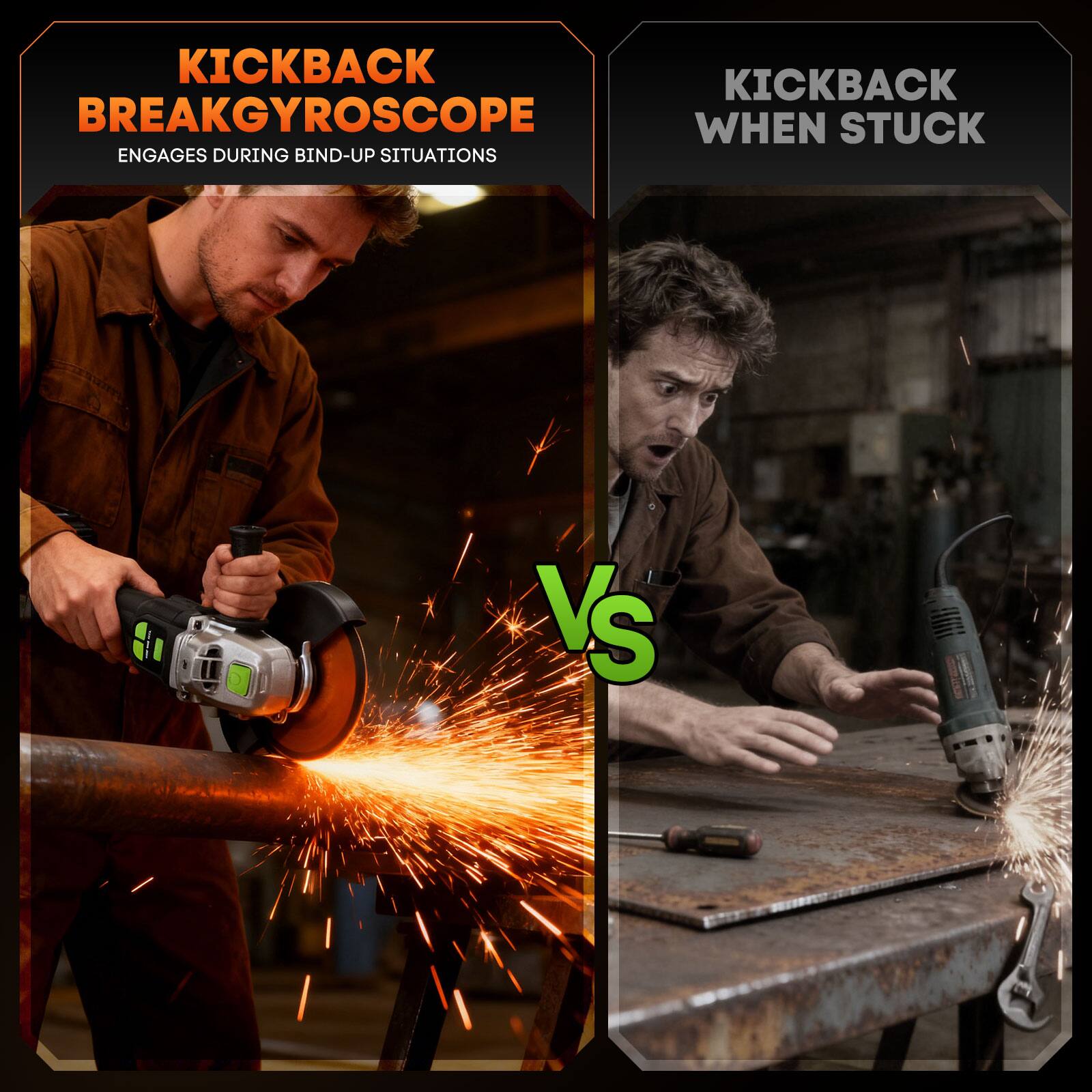 KICKBACK BREAKGYROSCOPE  
ENGAGES DURING BIND-UP SITUATIONS  

VS  

KICKBACK WHEN STUCK