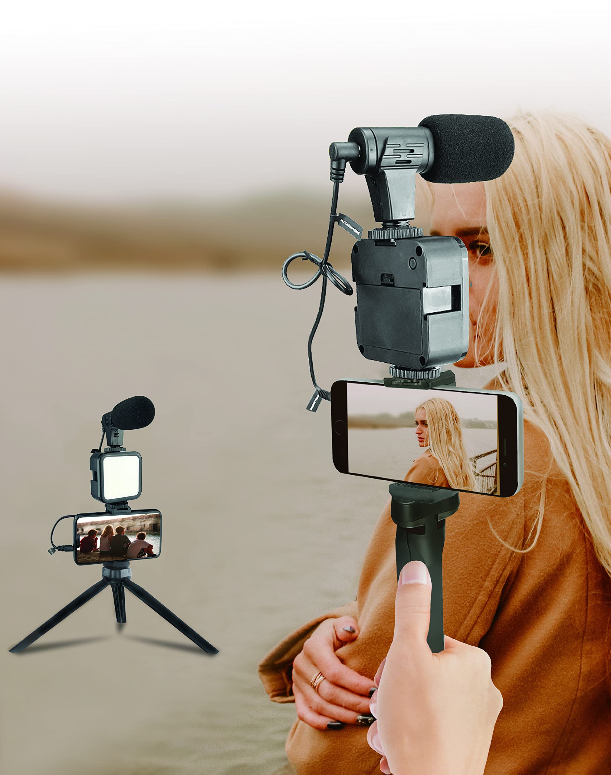 Left. TECH SAFARI - Vlogging Kit With Tripod Led Light Microphone Phone Mount Compatible Smartphones Cameras Tablets 8 Starter - 7) Beginner Kit.