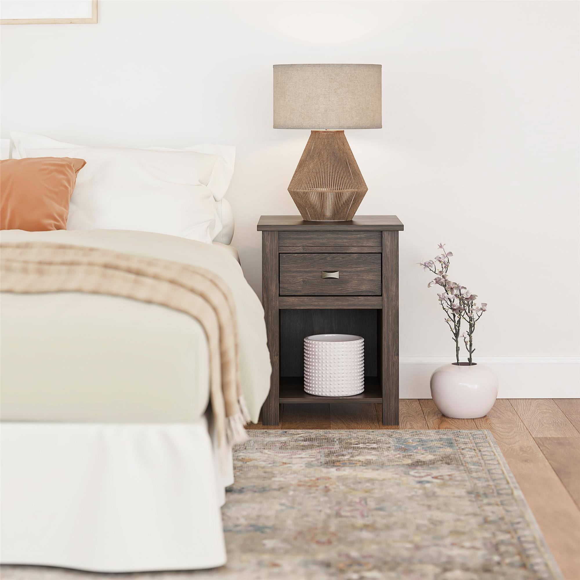 Alt View 4. Aukfa - Farmhouse Nightstand - MDF Construction, 1 Drawer & Open Cubby, 40lb Top Capacity, 17.8"W x 24.4"H - Brown.